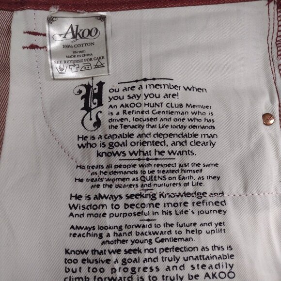 AKOO Mens Red Denim Jeans Straight Leg 36in X 33in Embroidered Pockets - Picture 11 of 14